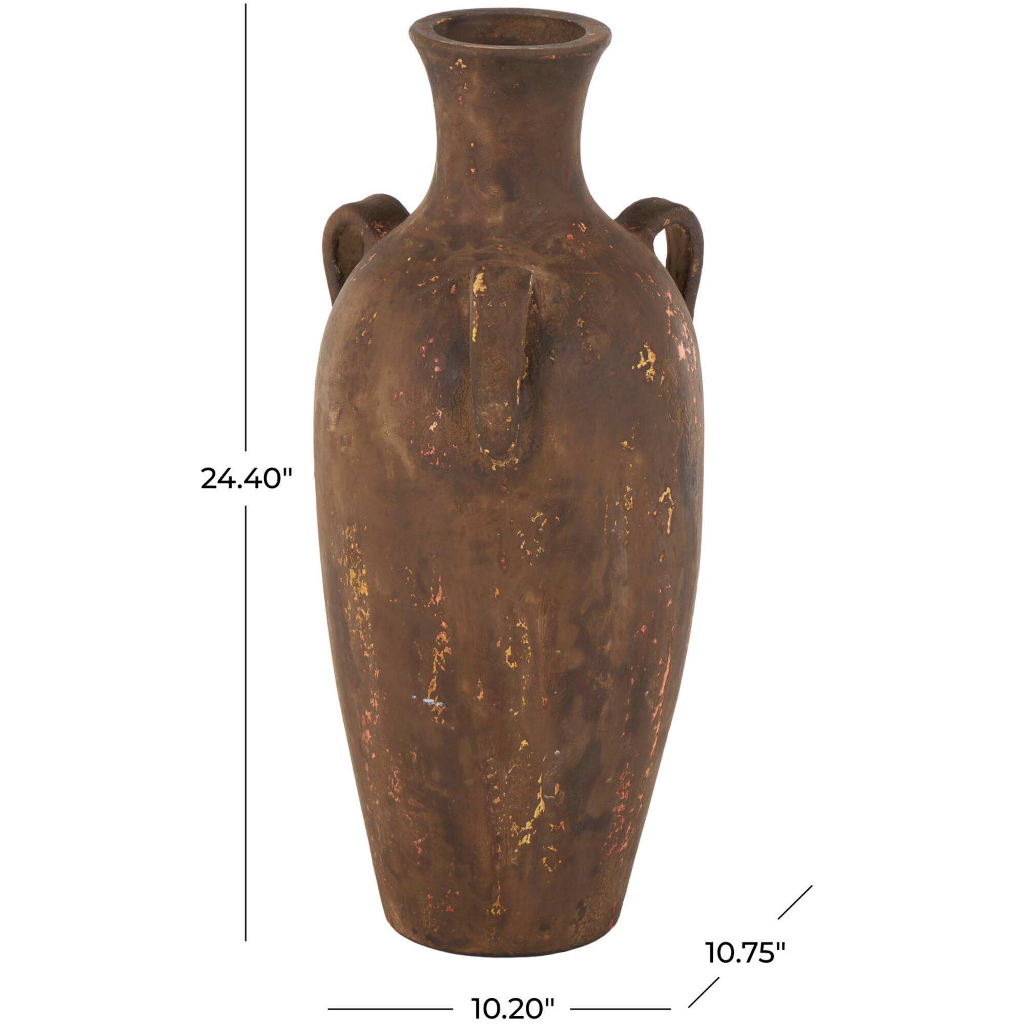 24.5" Dark Brown Ceramic Antique Style Distressed Decorative Vase with Handles